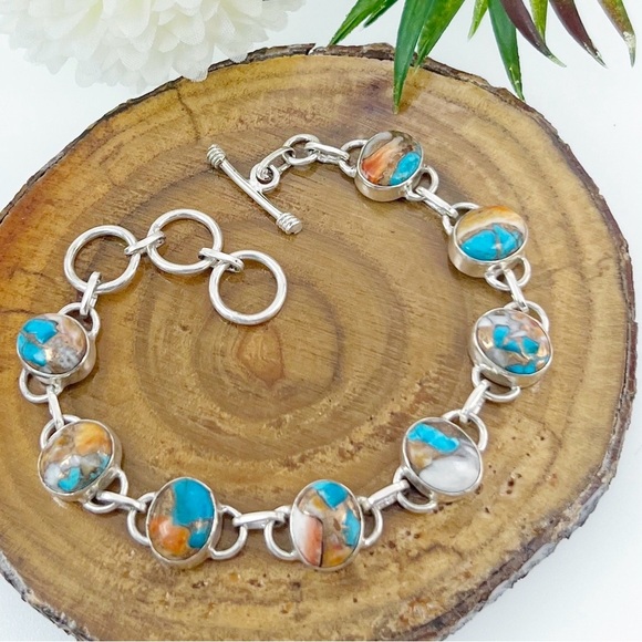 Southwest Jewelry - Southwest Genuine Oyster Copper Turquoise Bracelet Solid Sterling Silver 925